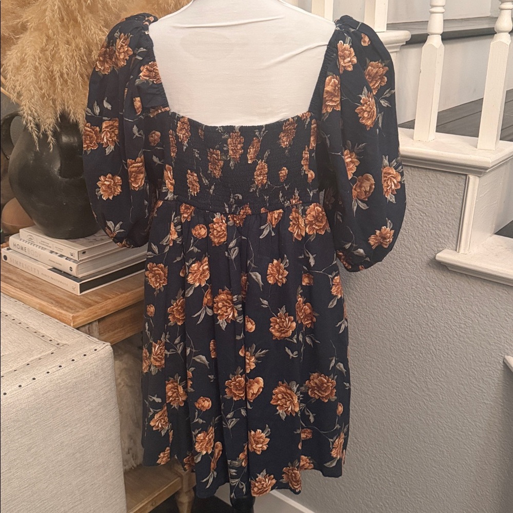 Abercrombie & Fitch Blue Floral Emerson Linen Puff Sleeve Mini Dress Size XL - Picture 7 of 9